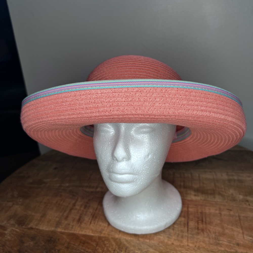 Scala Coral Wide-Brim Straw Hat with Pastel Stripe Band